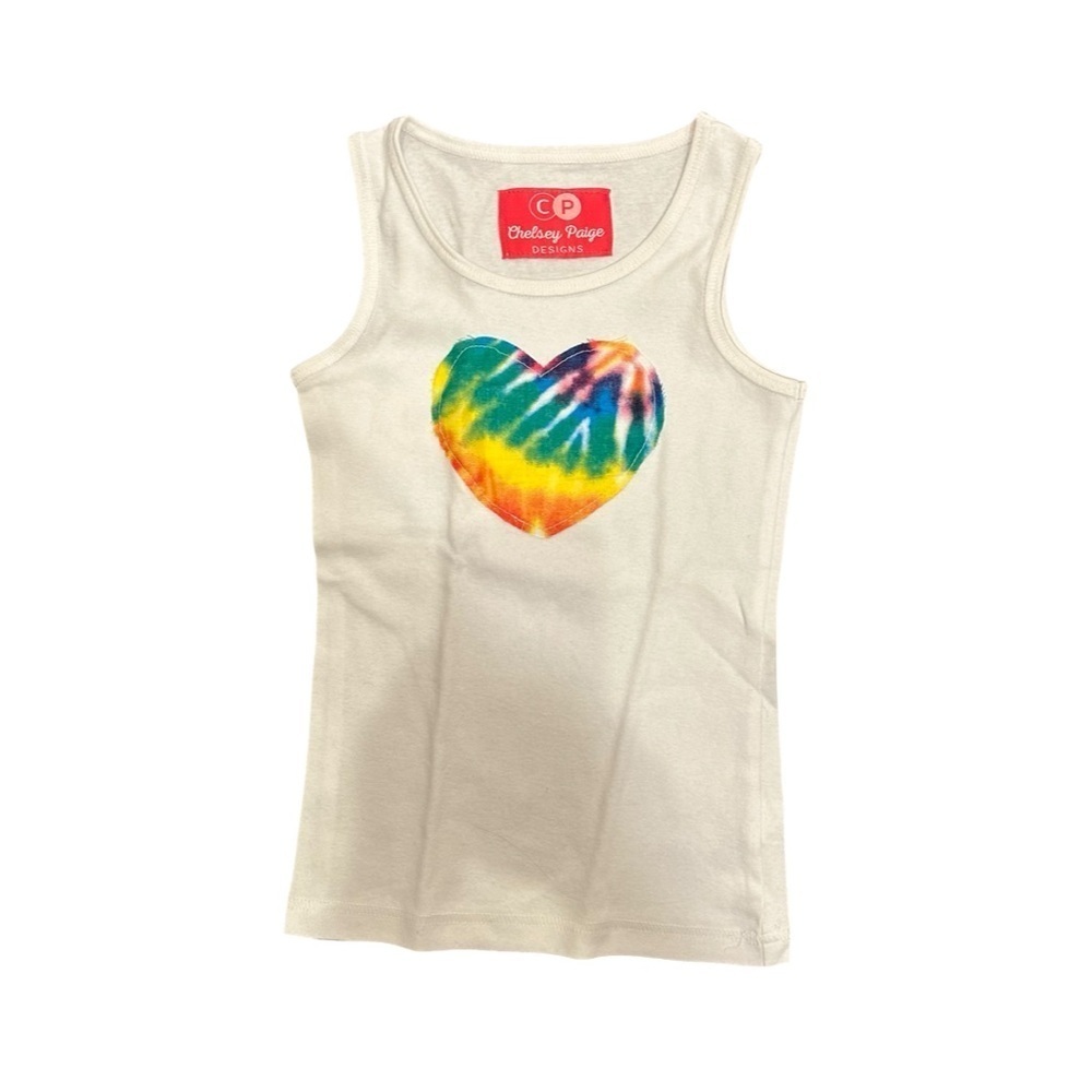 Kid’s White Tank Top W/ Tie Dye Heart Patch